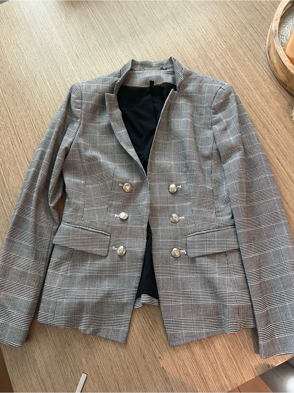 White House Black Market Plaid Double-Breasted Blazer in Black and Gray